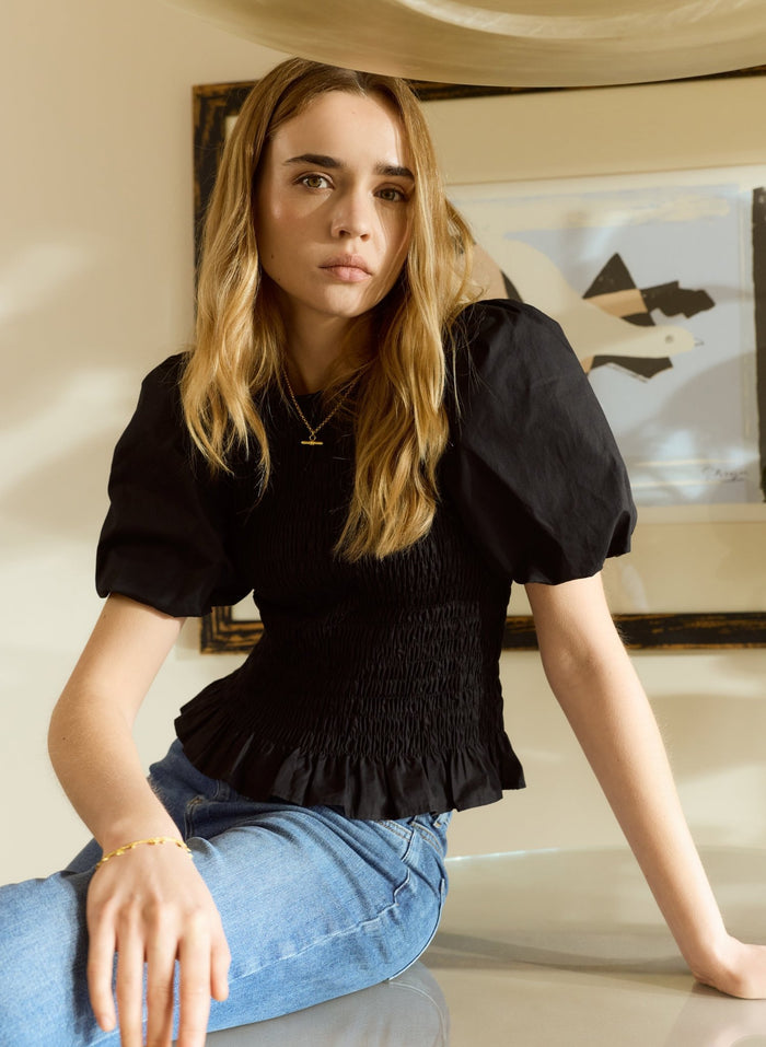 Lillie Organic Smocked Top - Caviar Black Baukjen