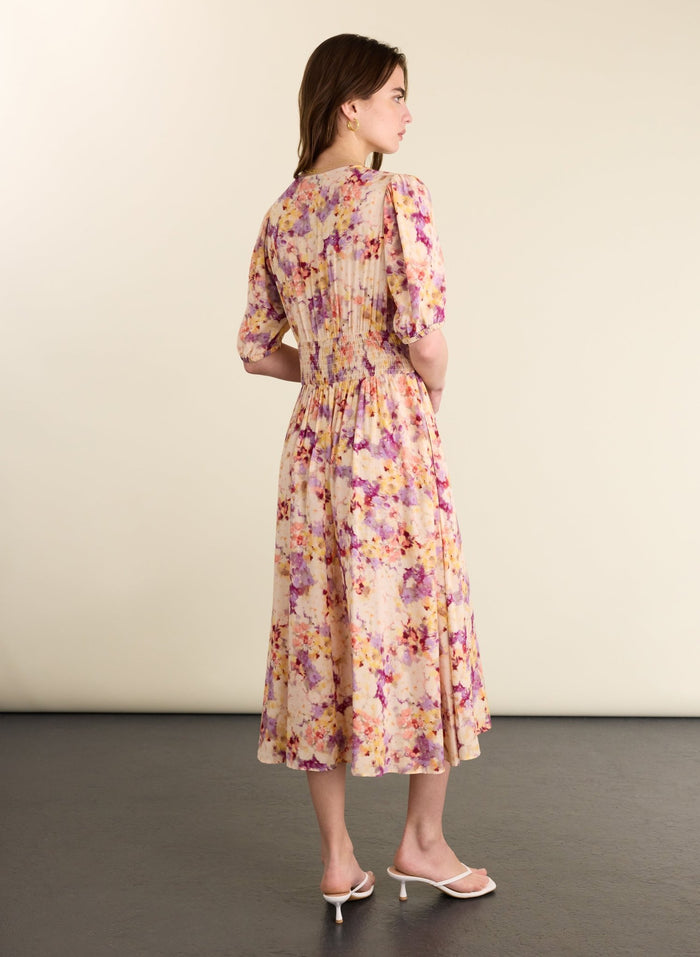 Lina Printed Midi Dress - Violet Watercolour Floral Baukjen