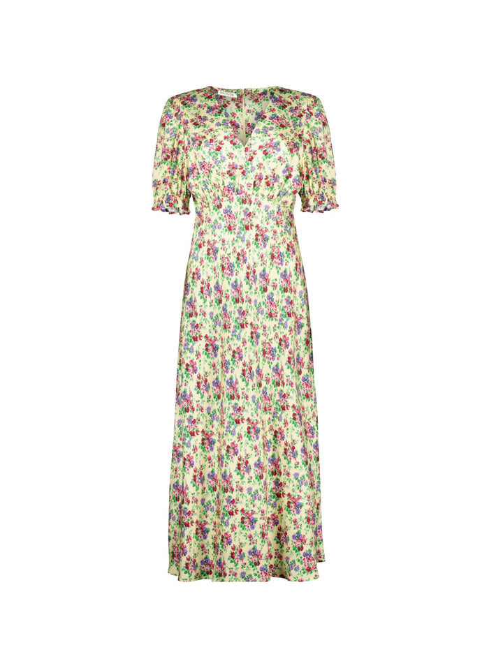 RENT - Lottie Satin Midi Tea Dress - Butter Floral Baukjen