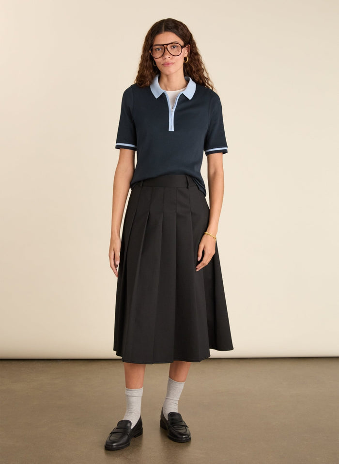 Lydia Organic Cotton Rib Zip Collar Top - Navy & Ice Blue Baukjen
