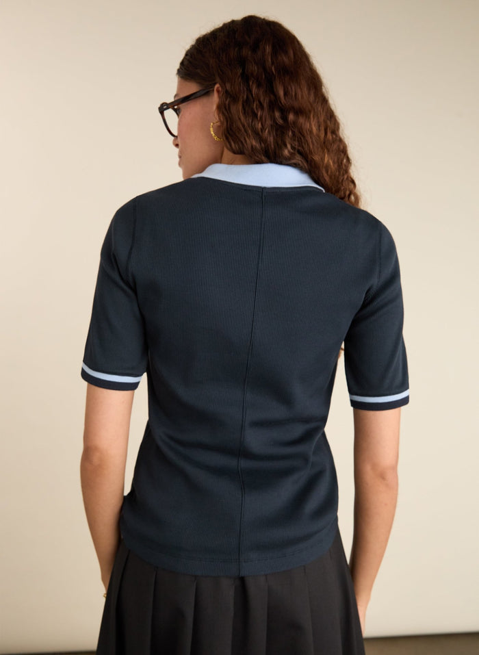 Lydia Organic Cotton Rib Zip Collar Top - Navy & Ice Blue Baukjen