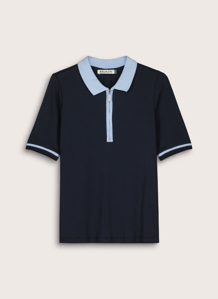 Lydia Organic Cotton Rib Zip Collar Top - Navy & Ice Blue Baukjen