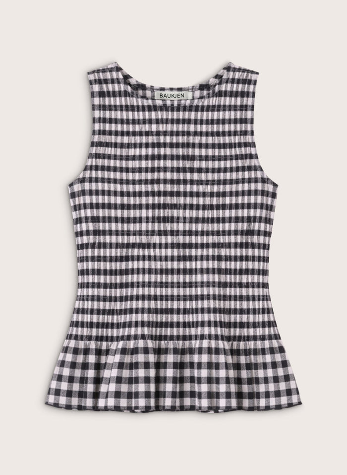 Maggie Linen Gingham Sleeveless Smocked Top - Black & White Gingham Baukjen