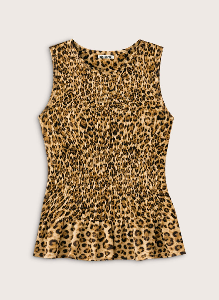 Maggie Printed Sleeveless Smocked Top - Sandstone Leopard Baukjen