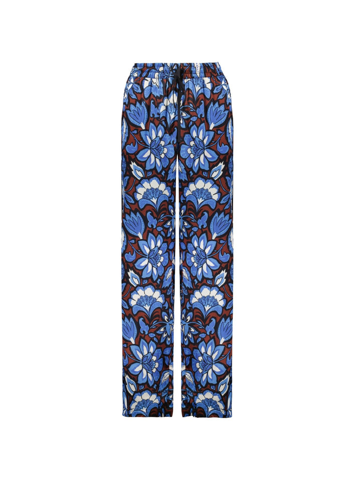 Mandy Printed Satin Trousers - Blue Floral Saraca Baukjen