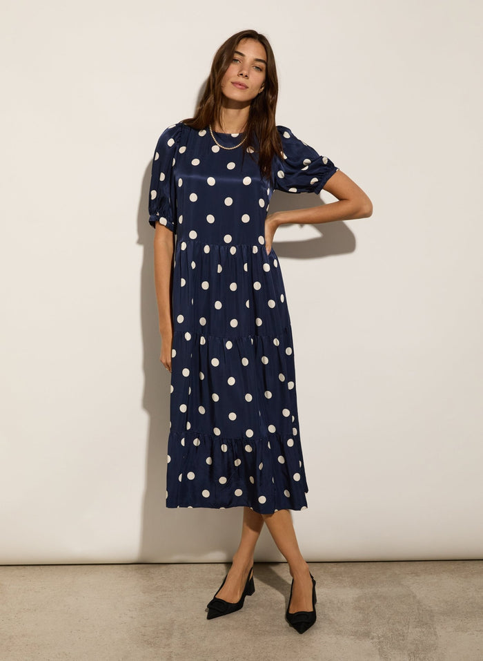 Manon Satin Dress - Navy Big Polka Baukjen