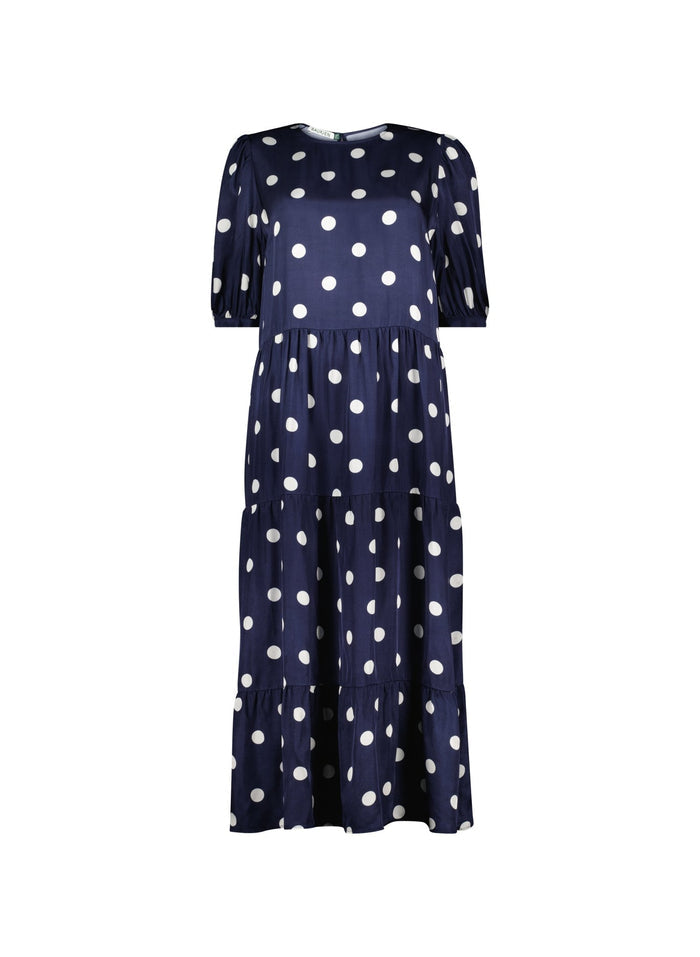 Manon Satin Dress - Navy Big Polka Baukjen