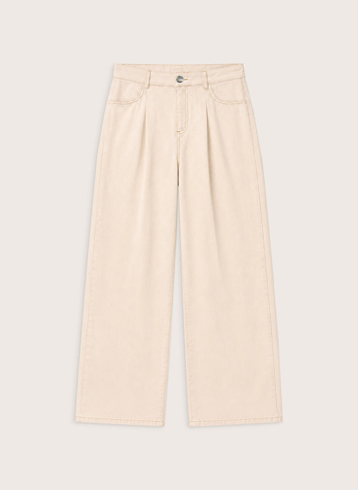 Maria Wide Leg High Waist Pleated Front Jeans - Ecru Baukjen