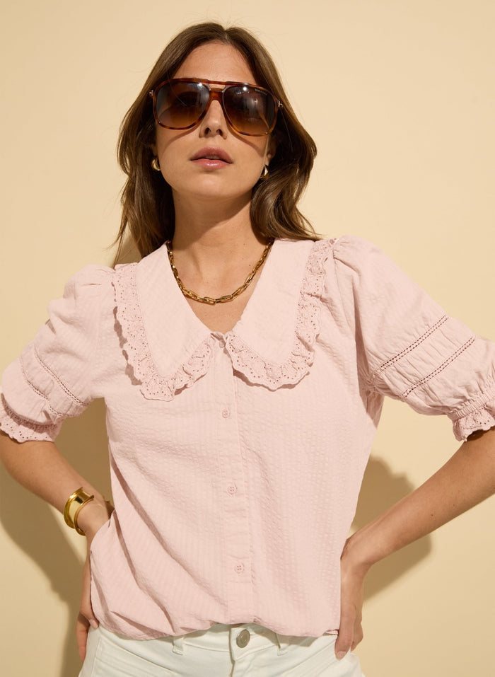 Marti Organic Cotton Broderie Detail Blouse - Powder Pink Baukjen