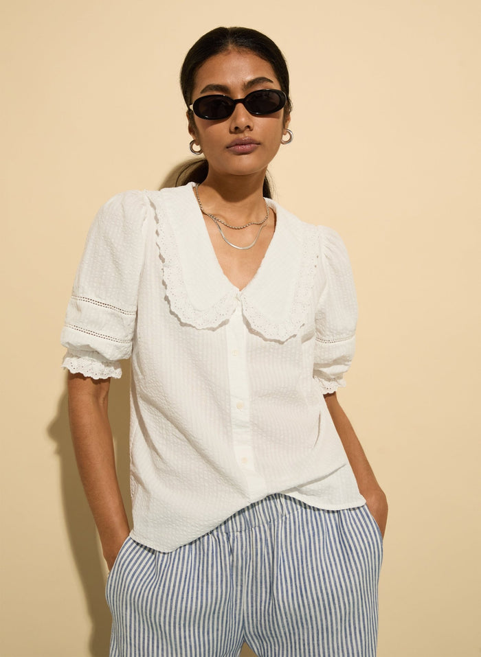 Marti Organic Cotton Broderie Detail Blouse - Soft White Baukjen