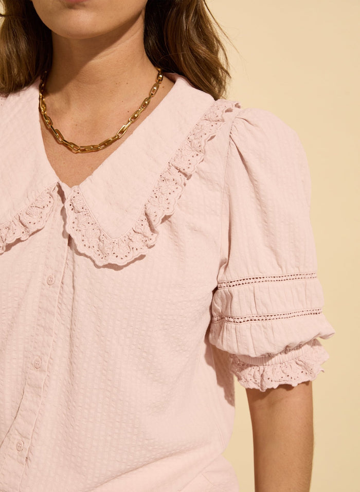 Marti Organic Cotton Broderie Detail Blouse - Powder Pink Baukjen