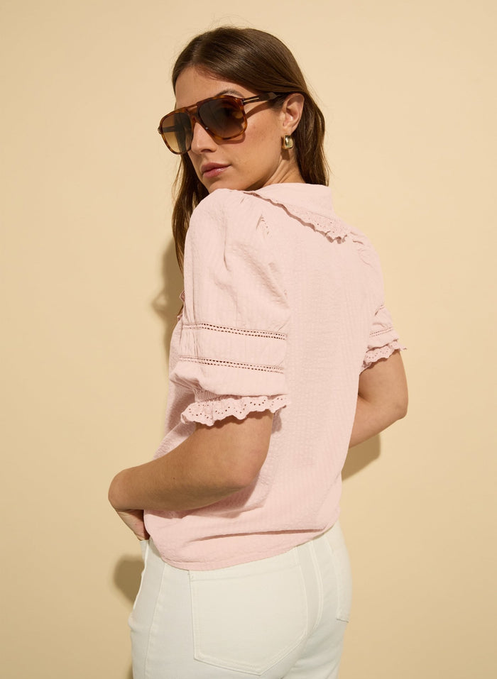 Marti Organic Cotton Broderie Detail Blouse - Powder Pink Baukjen