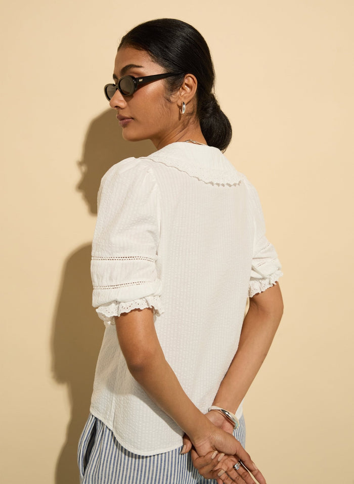 Marti Organic Cotton Broderie Detail Blouse - Soft White Baukjen