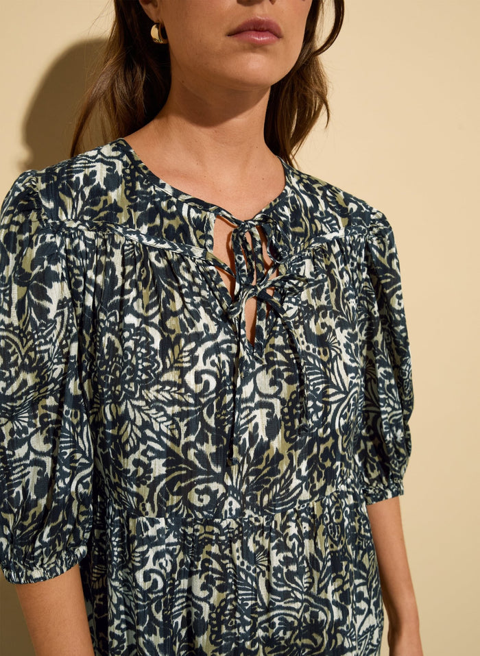 Mathilda Organic Cotton Kaftan Dress - Black Stencil Print Baukjen