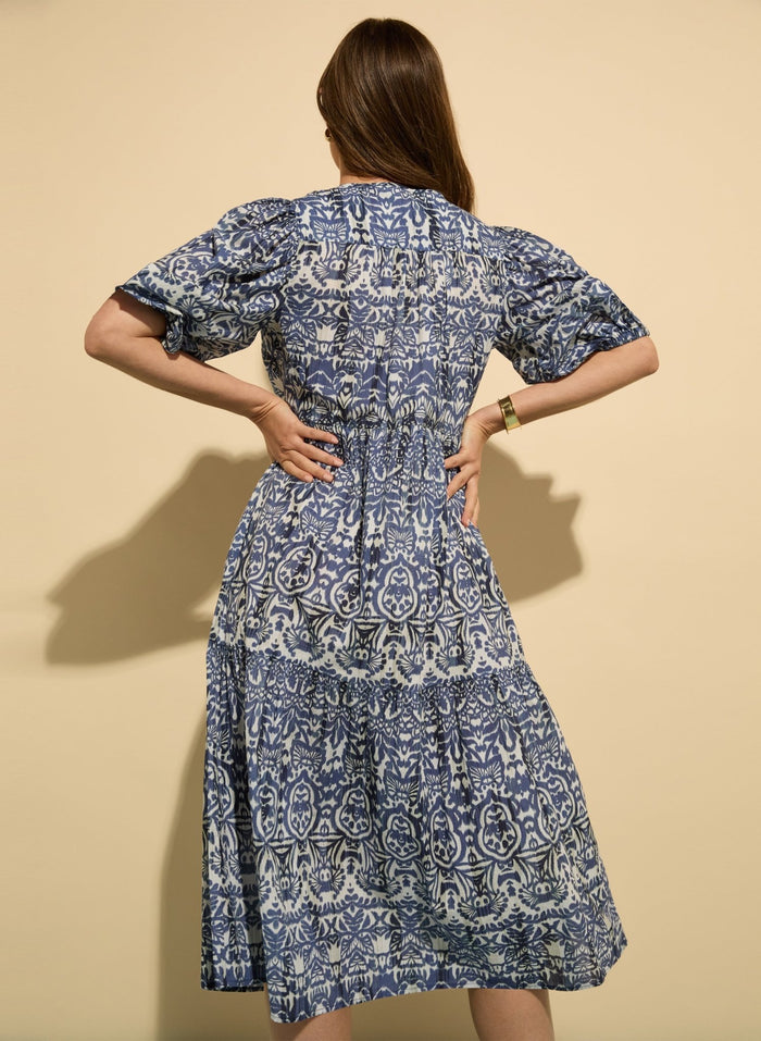 Mathilda Organic Cotton Kaftan Dress - Blue Stencil Geo Baukjen