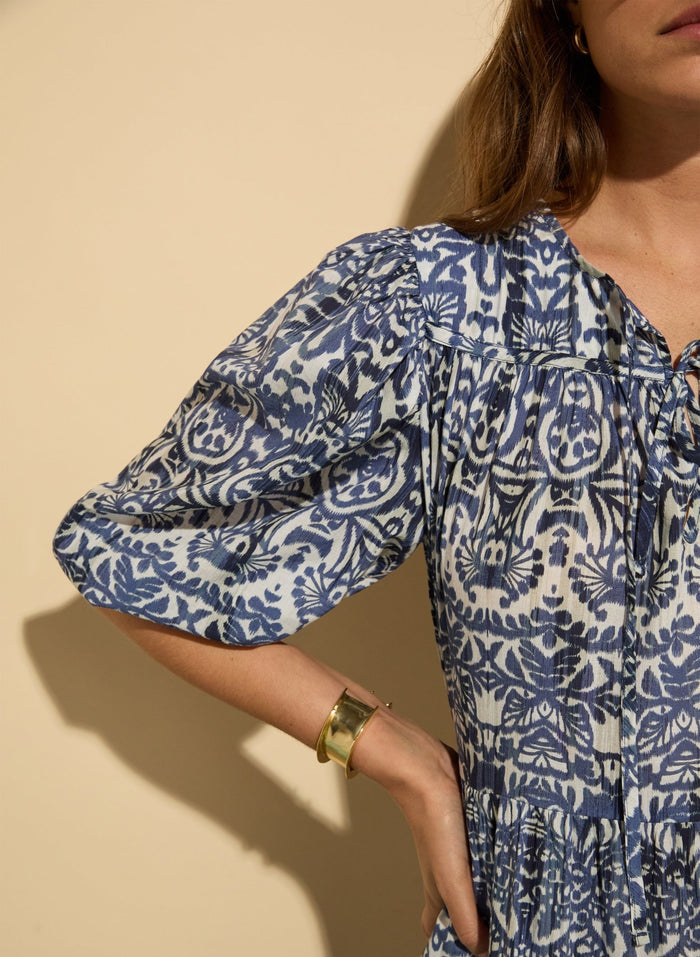 Mathilda Organic Cotton Kaftan Dress - Blue Stencil Geo Baukjen