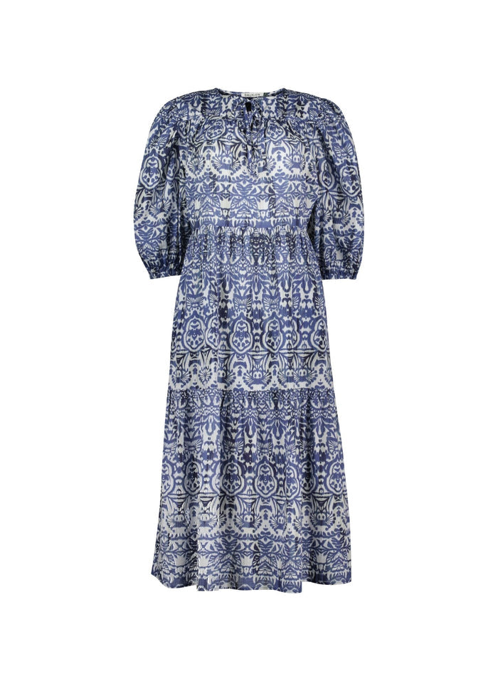 Mathilda Organic Cotton Kaftan Dress - Blue Stencil Geo Baukjen
