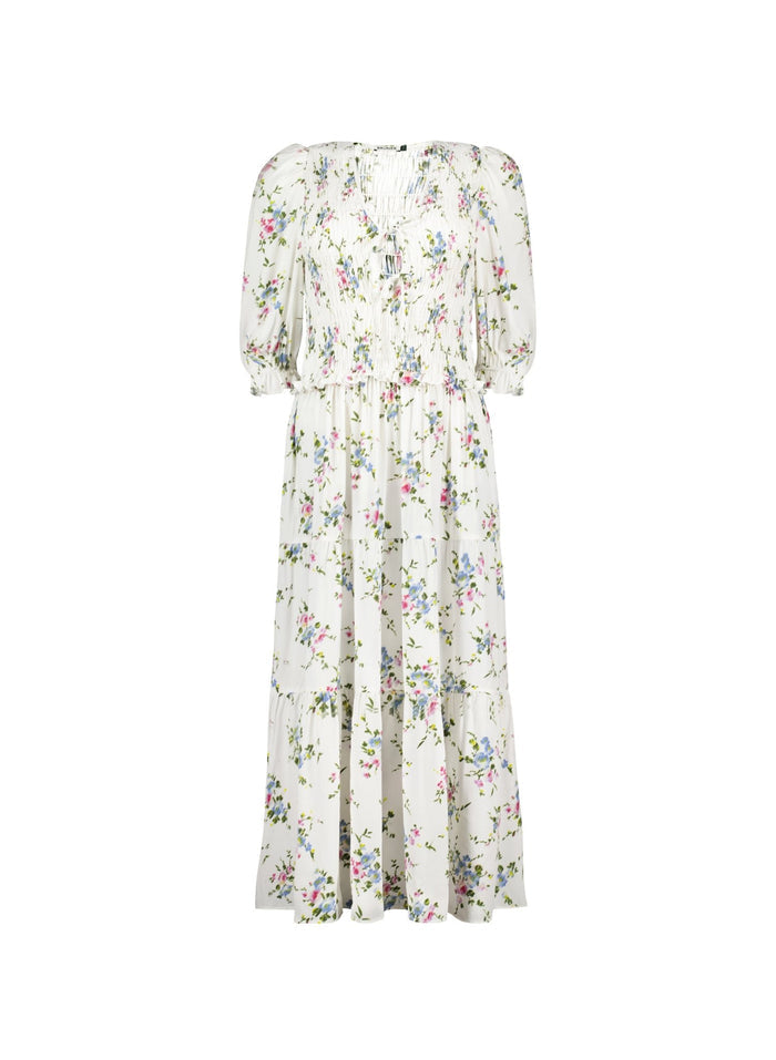 Melania Smock Midi Dress - White Bouquet Baukjen