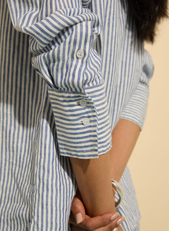 Muriel Linen Shirt - Indigo Stripe Baukjen