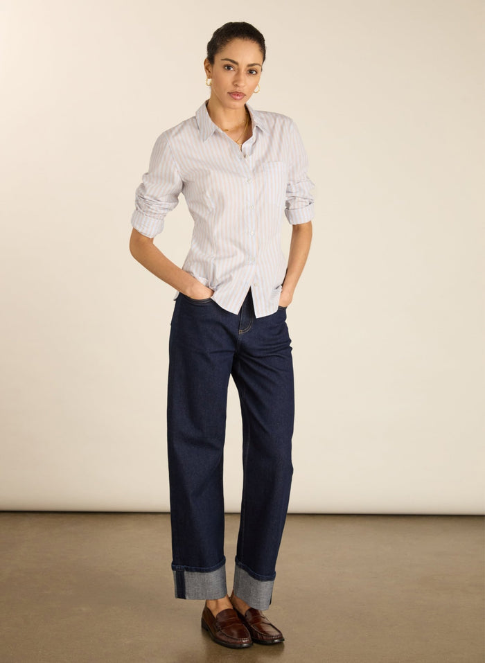 Nicola Organic Cotton Stripe Shirt - Blue, Brown & White Stripe Baukjen