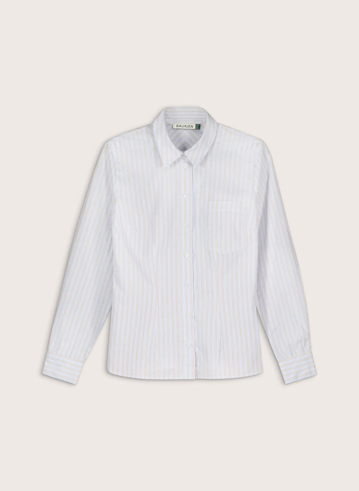 Nicola Organic Cotton Stripe Shirt - Blue, Brown & White Stripe Baukjen