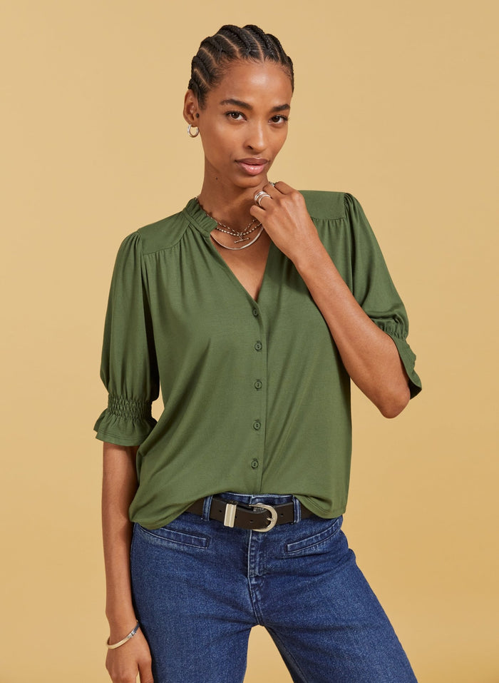 Noa Short Sleeve Blouse - Light Khaki Baukjen