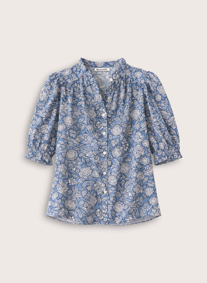 Nolan Printed Blouse - Denim Woodblock Print Baukjen