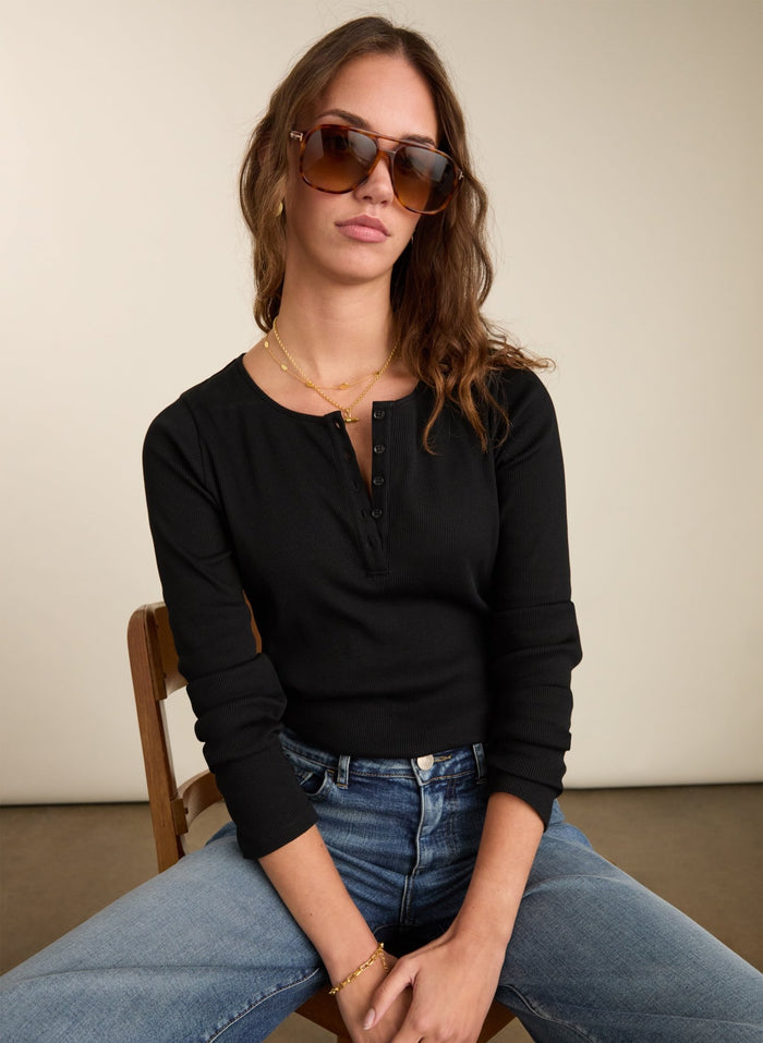 Organic Cotton Henley Top - Caviar Black Baukjen