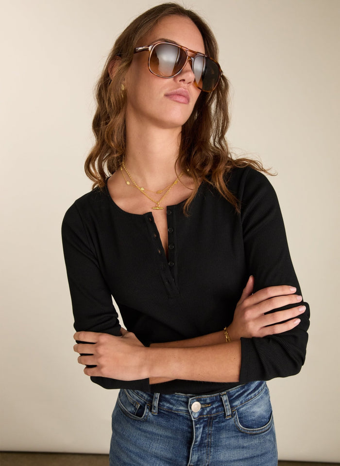 Organic Cotton Henley Top - Caviar Black Baukjen