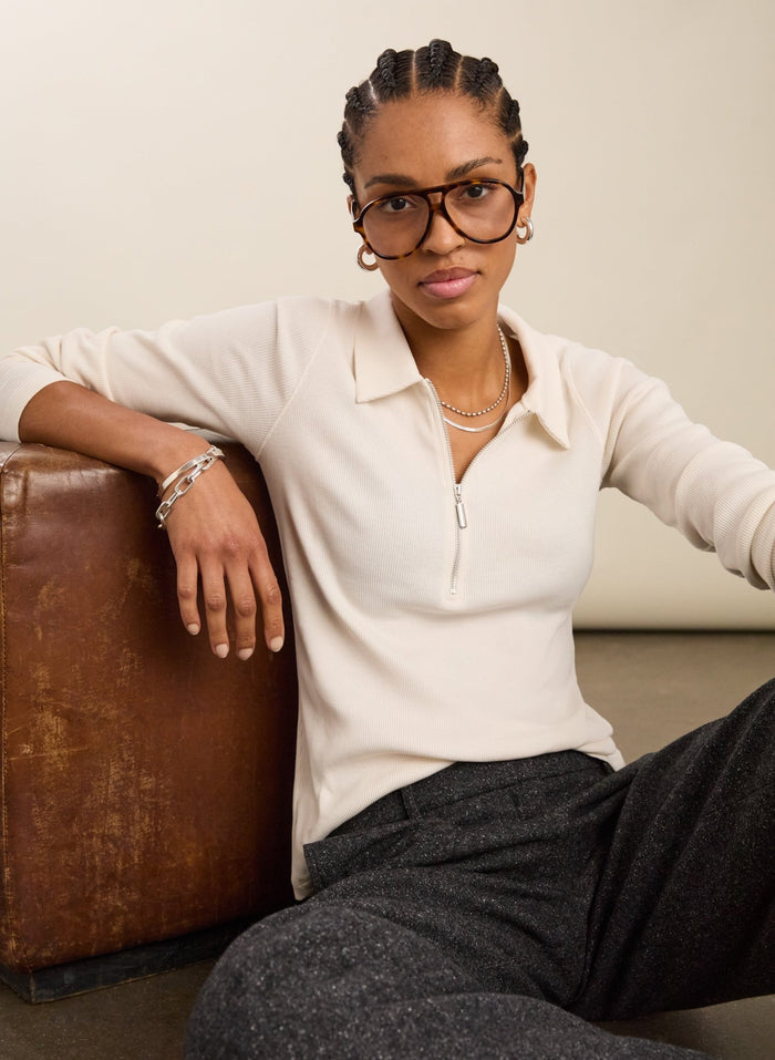 Organic Cotton Zip Collar Top - Antique White Baukjen