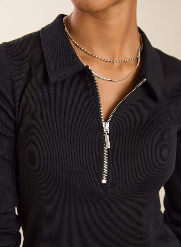 Organic Cotton Zip Collar Top - Caviar Black Baukjen
