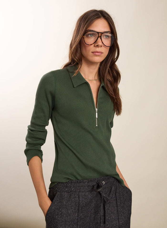 Organic Cotton Zip Collar Top - Deep Khaki Baukjen