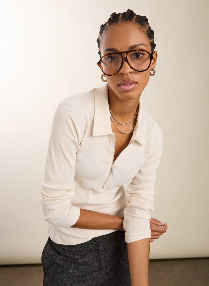 Organic Cotton Zip Collar Top - Antique White Baukjen