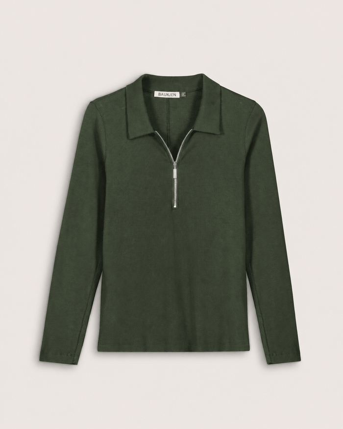 Organic Cotton Zip Collar Top - Deep Khaki Baukjen