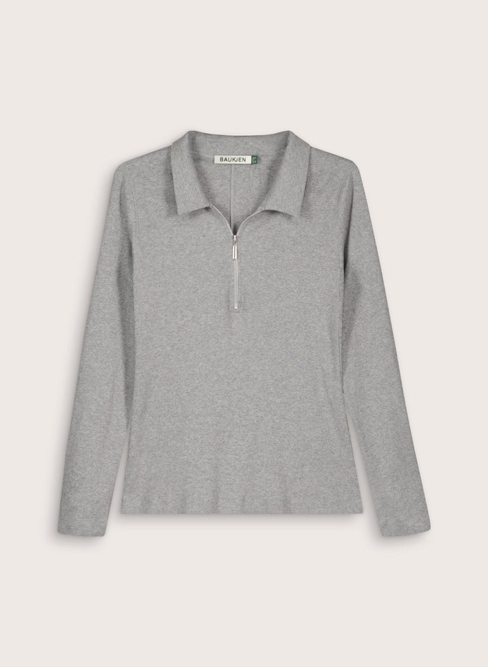 Organic Cotton Zip Collar Top - Grey Marl Baukjen