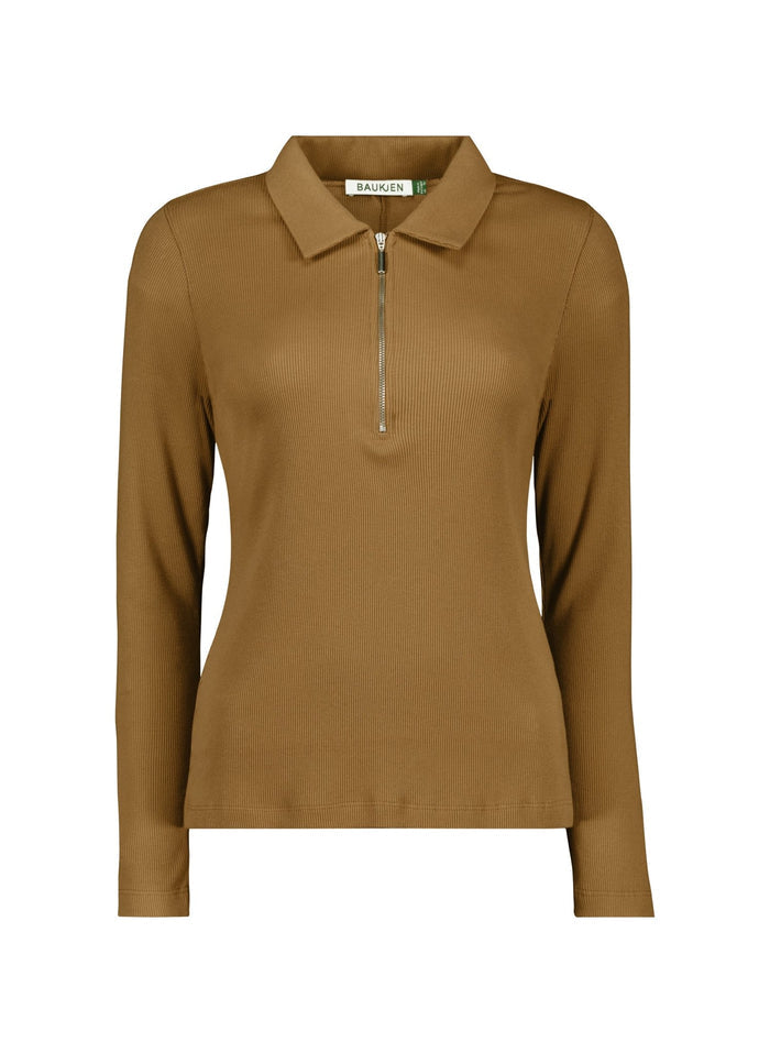Organic Cotton Zip Collar Top - Camel Baukjen