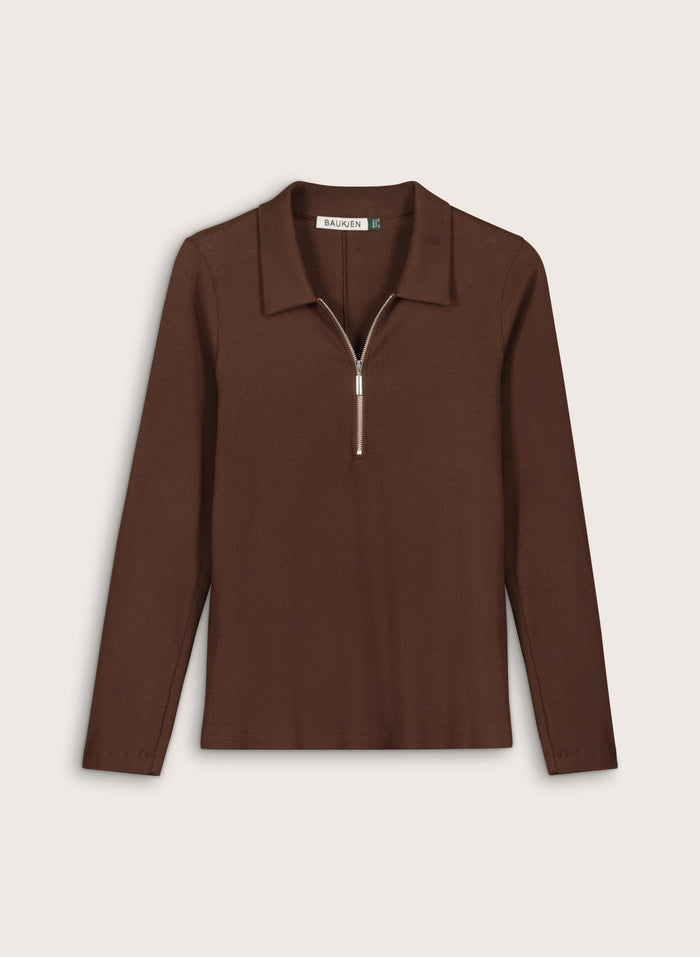 Organic Cotton Zip Collar Top - Dark Chocolate Baukjen