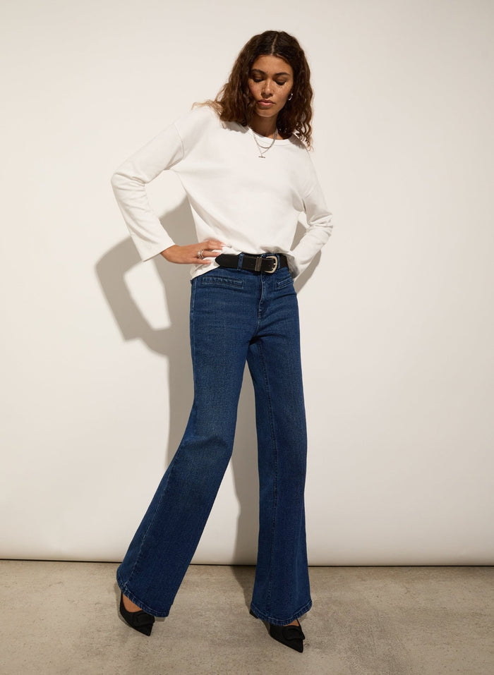 Organic Stretch Cotton Pocket Wide Leg Jeans - Dark Indigo Baukjen