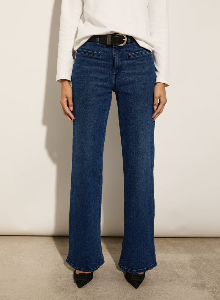 Organic Stretch Cotton Pocket Wide Leg Jeans - Dark Indigo Baukjen