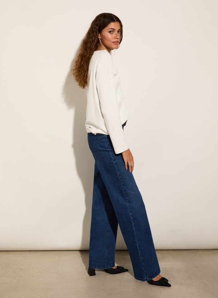 Organic Stretch Cotton Pocket Wide Leg Jeans - Dark Indigo Baukjen