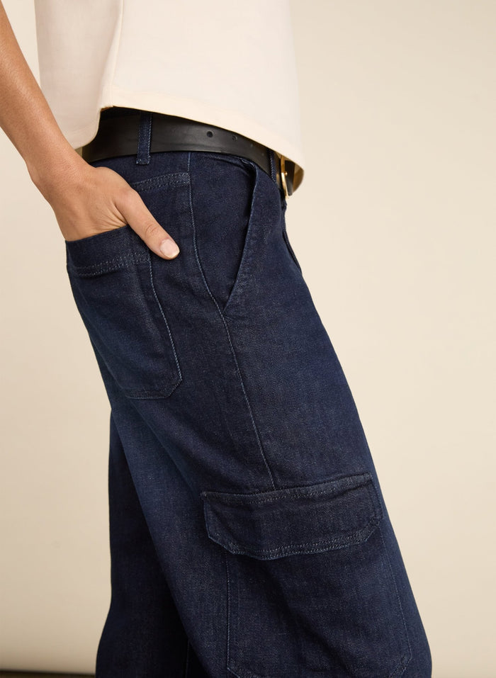 Organic Stretch Cotton Wide Leg Cargo Jeans - Dark Indigo Baukjen