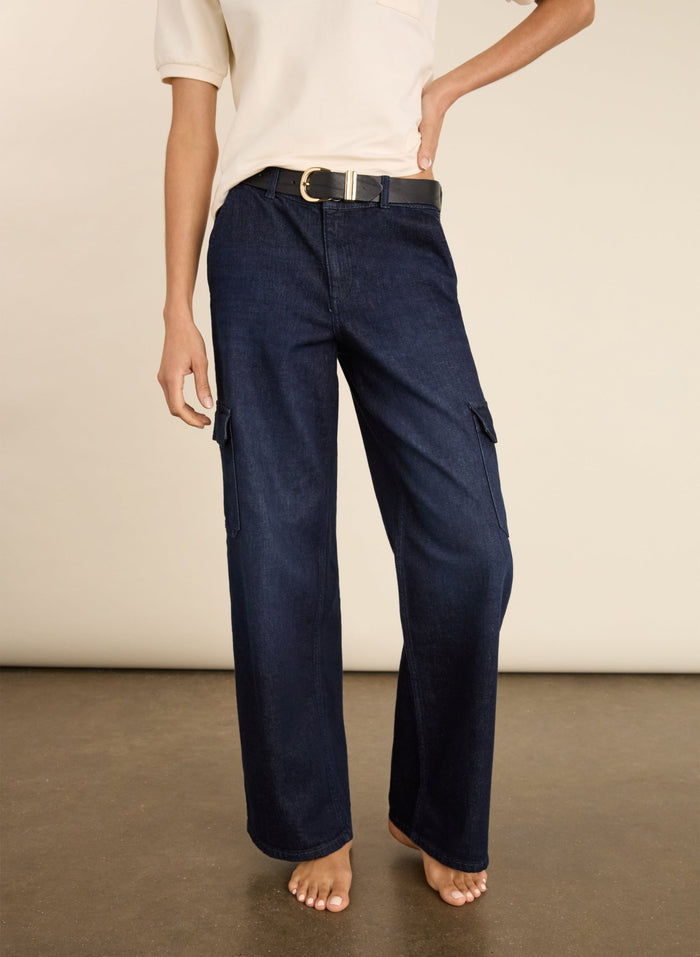 Organic Stretch Cotton Wide Leg Cargo Jeans - Dark Indigo Baukjen