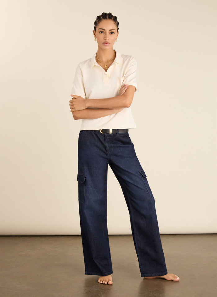 Organic Stretch Cotton Wide Leg Cargo Jeans - Dark Indigo Baukjen