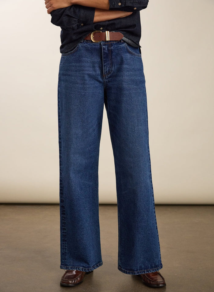 Organic Stretch Cotton Wide Leg Slouch Jeans - Dark Indigo Baukjen