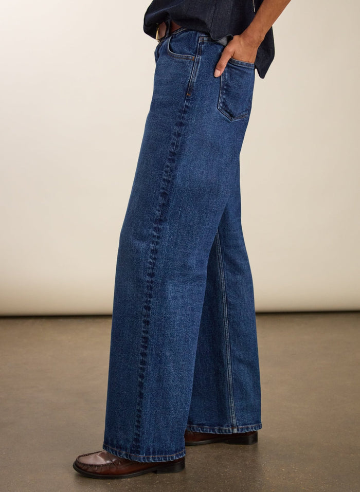 Organic Stretch Cotton Wide Leg Slouch Jeans - Dark Indigo Baukjen