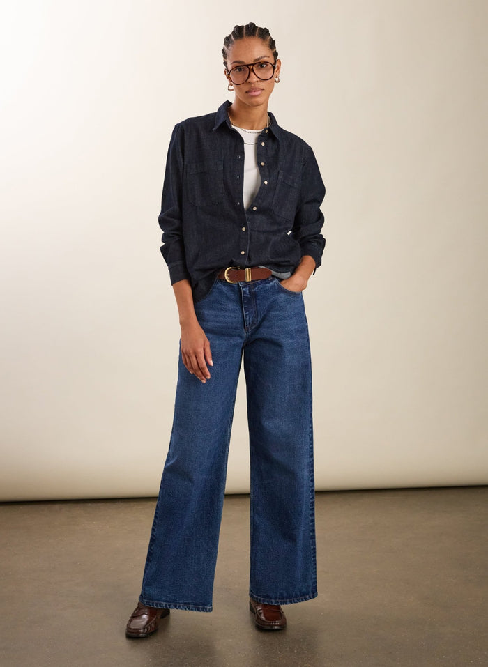 Organic Stretch Cotton Wide Leg Slouch Jeans - Dark Indigo Baukjen