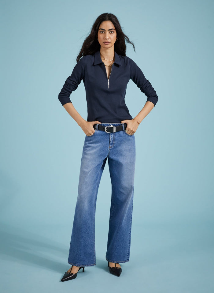 Organic Zip Collar Top - Classic Navy Baukjen
