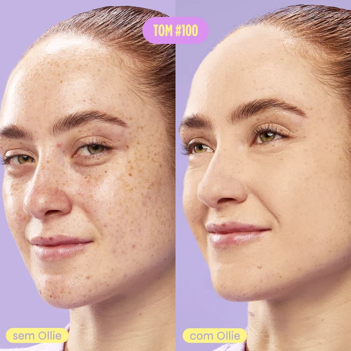 antes e depois do pó compacto ultrafino ollie fps 50 no tom #100, efeito blur uniformizando a pele