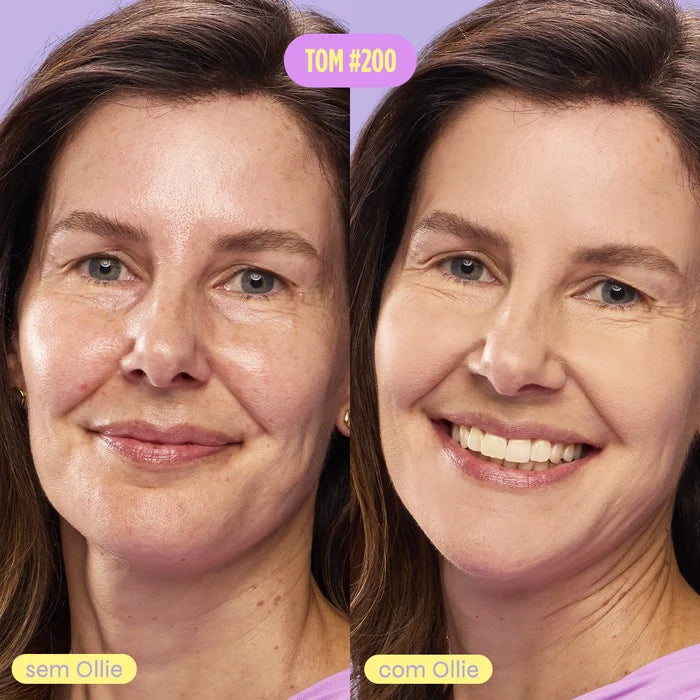 antes e depois do pó compacto ultrafino ollie fps 50 no tom #200, efeito blur uniformizando a pele