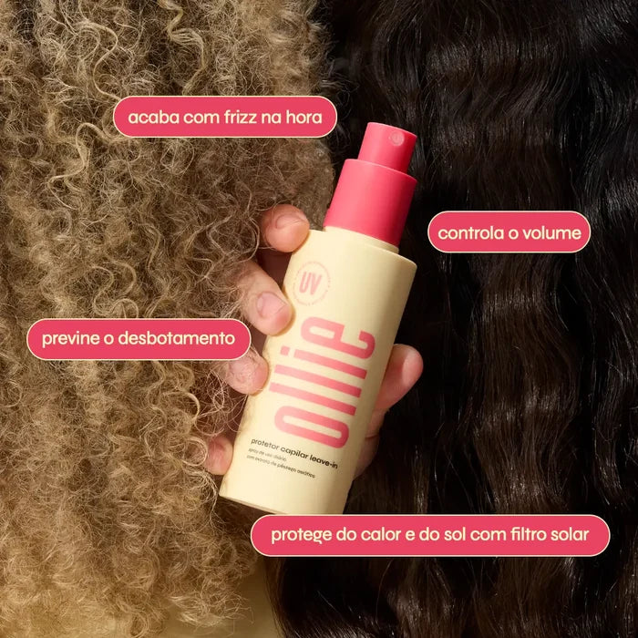 mão aplicando o protetor capilar leave-in ollie no cabelo cacheado: acaba com o frizz, controla o volume, previne o desbotamento e protege do calor e do sol